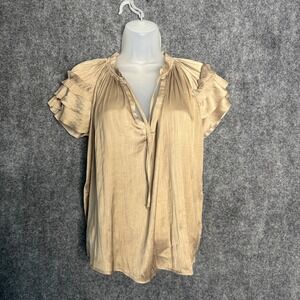 Evereve Lydia‎ Shirt Women XS Champagne Pleated Flutter Sleeve Satin Elegant
